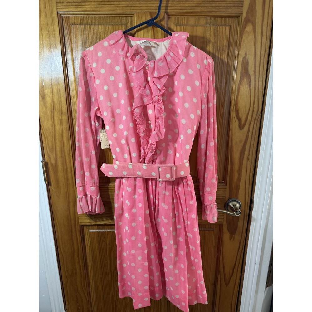 Vtg Secretary Ruffle Dress Gallant of California Pink Polka Dot Belted NWT Sz 16